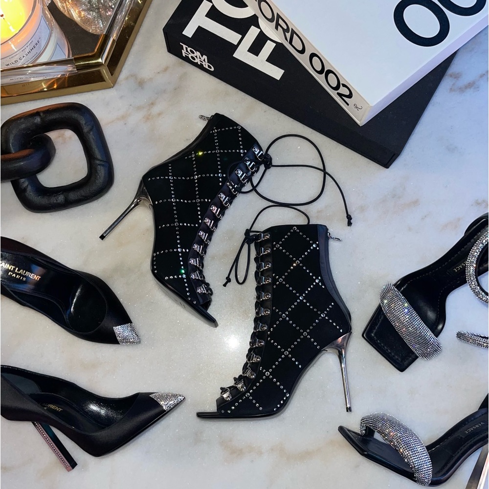 New Balmain Ryana Peep-Toe Crystal-Embellished Suede Booties in Black